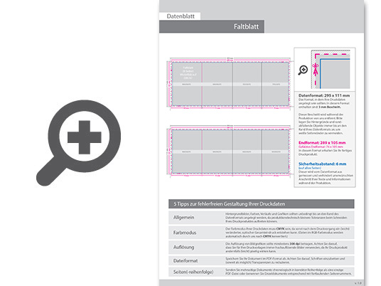 Product Bild faltblatt__gefalzt_auf_din_a7__8-seiter_(wickelfalz)__beidseitig_bedruckt_(4_4_farbig_+_2_sonderfarben_hks)